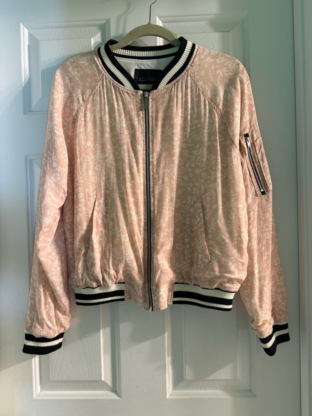 Anthropologie Sanctuary Pink Floral Bomber Jacket with Stripe Trim